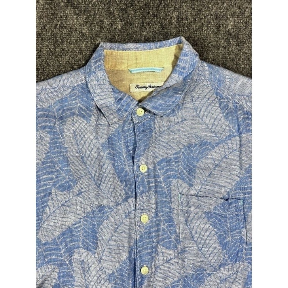 Tommy Bahama Button Down Shirt Mens Large Blue Tropical Leaf Linen‎ Blend LS